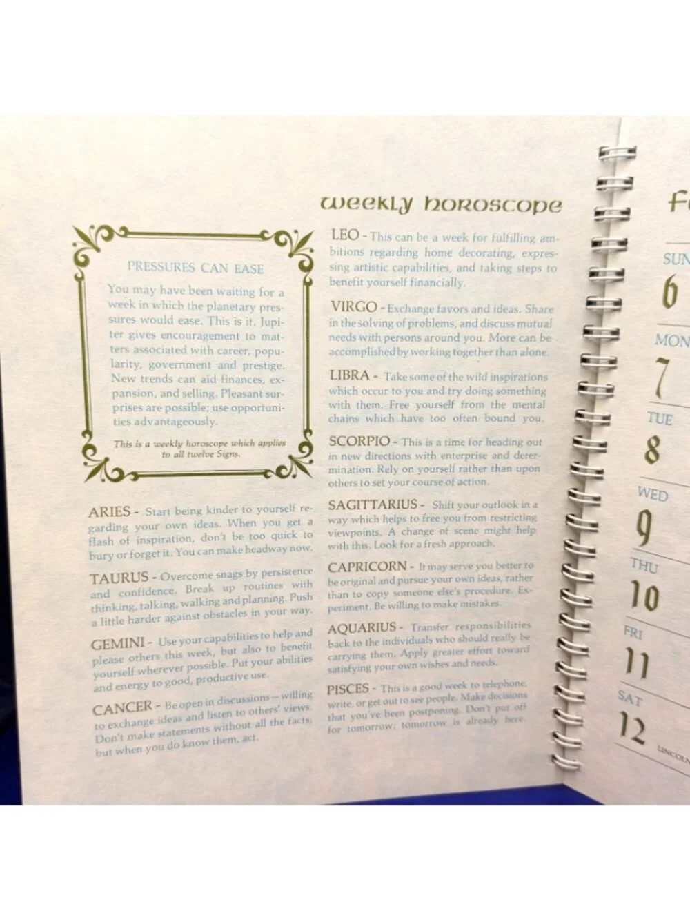 1972 Horoscopes Engagement Calendar Astrology Zodiac Spiral Planner VTG Ephemera